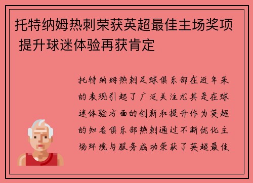 托特纳姆热刺荣获英超最佳主场奖项 提升球迷体验再获肯定